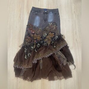 Surreal brown denim maxi skirt with lace tiered hem size Small